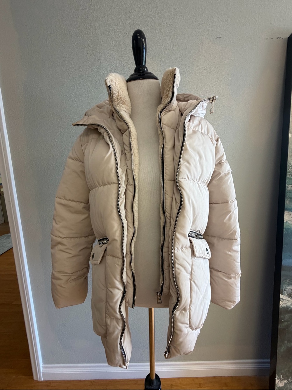 Zara Cream Quilted Long Puffer Coat with Faux-Shearling Hood